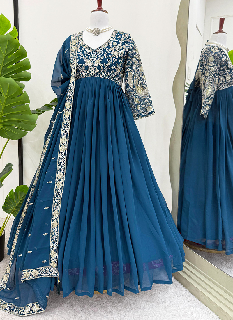 Beige Designer Readymade Real Georgette Heavy Gown With Dupatta